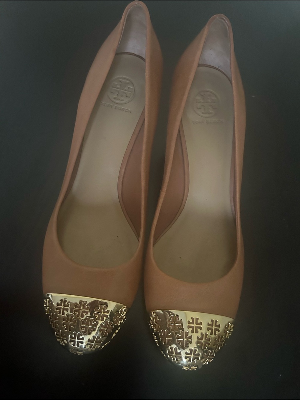 Tory Burch Leather Tan Women's Ballet Flats with Gold Cap Toe